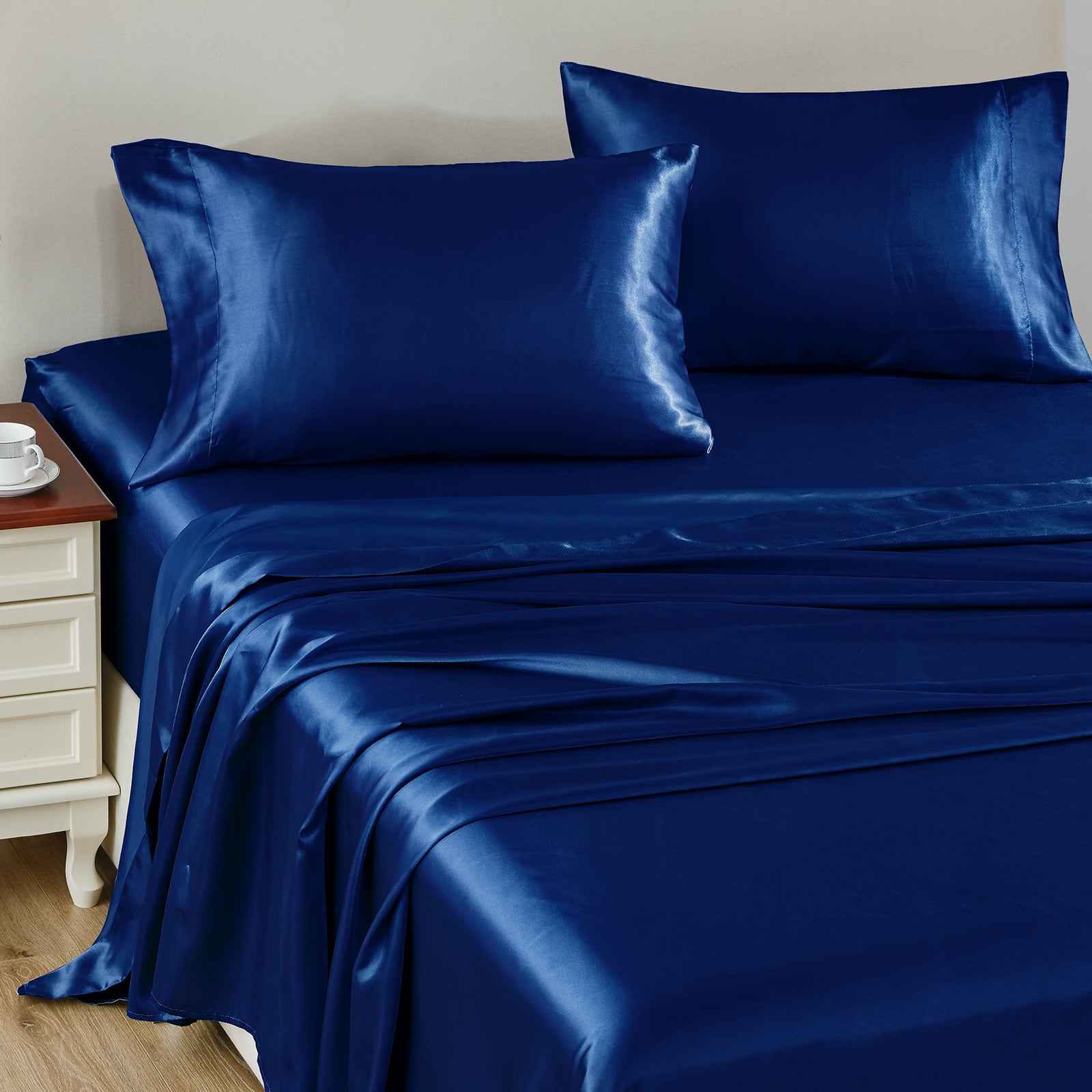 Luxbedding Satin Bed Sheets Queen Sheet Set, Navy Blue Silk Sheets